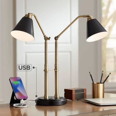 Possini Euro Design Sentry Modern Mid Century Desk Lamp 23" High Black Brass With USB Charging Port LED Adjustable Cone Shade For Bedroom Living Room 1 Possini Euro Design Sentry Modern Mid Century Desk Lamp 23" High Black Brass With USB Charging Port LED Adjustable Cone Shade For Bedroom Living Room